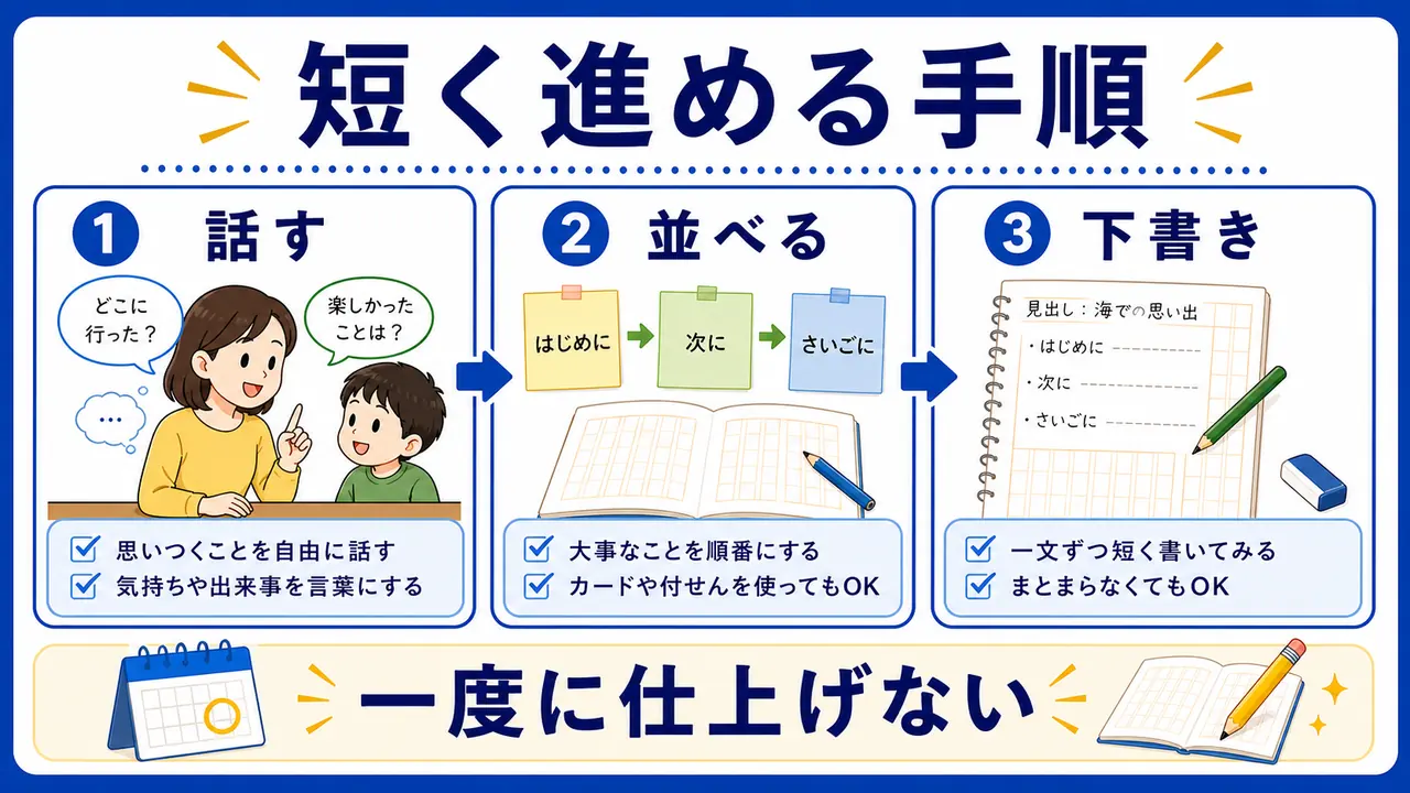 作文を話す、並べる、下書きへ短く進める手順の図