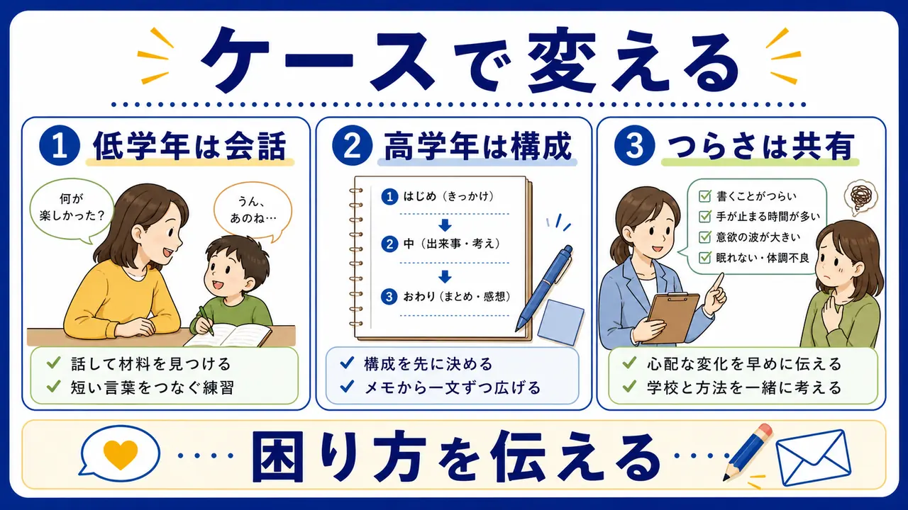 低学年は会話、高学年は構成、つらさは共有するケース別の支え方の図