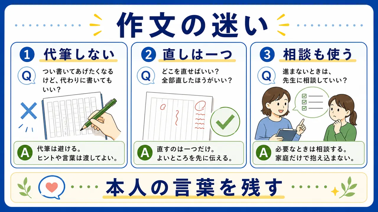 作文のよくある迷いを代筆しない、直しは一つ、相談も使うに分けた図