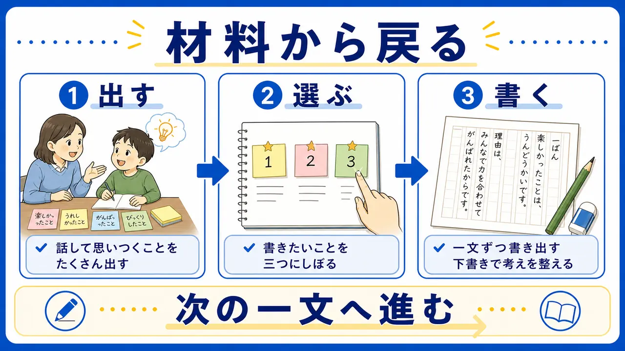 作文を材料から戻り、出す、選ぶ、書く流れで進める図