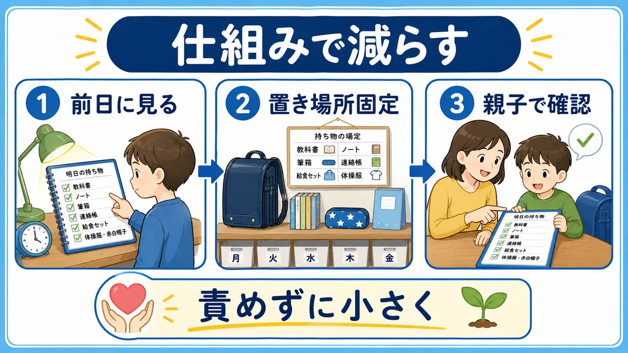 持ち物準備を前日に見て、置き場所を固定し、親子で確認する流れを示した図