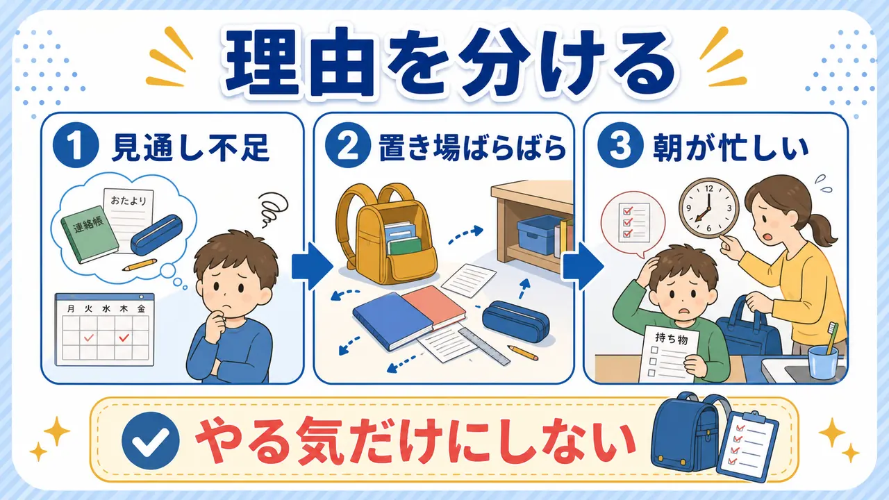 忘れ物の理由を、見通し不足、置き場所のばらつき、朝の忙しさに分けた図