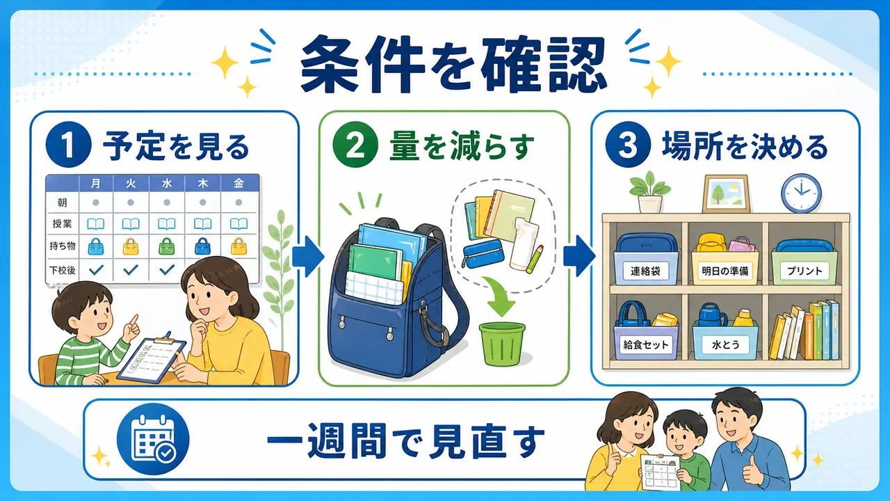予定、持ち物の量、置き場所を家庭で確認するための図