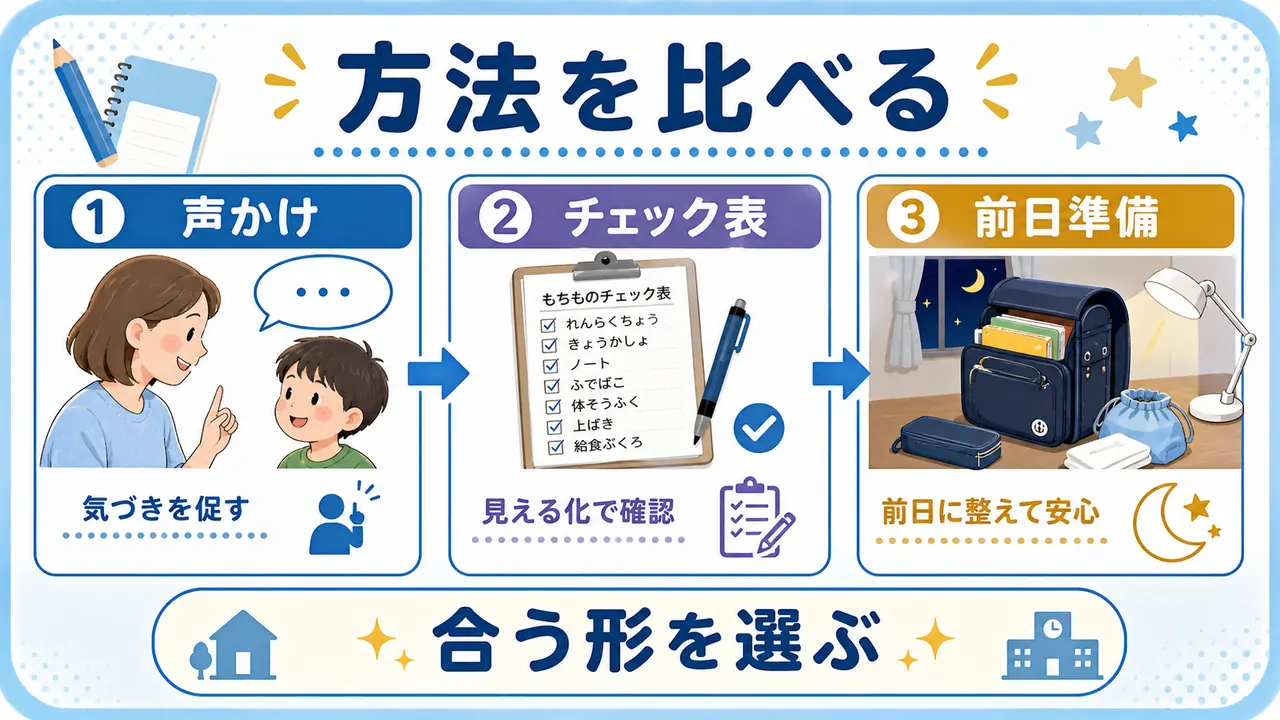 声かけ、チェック表、前日準備の違いを比べる図