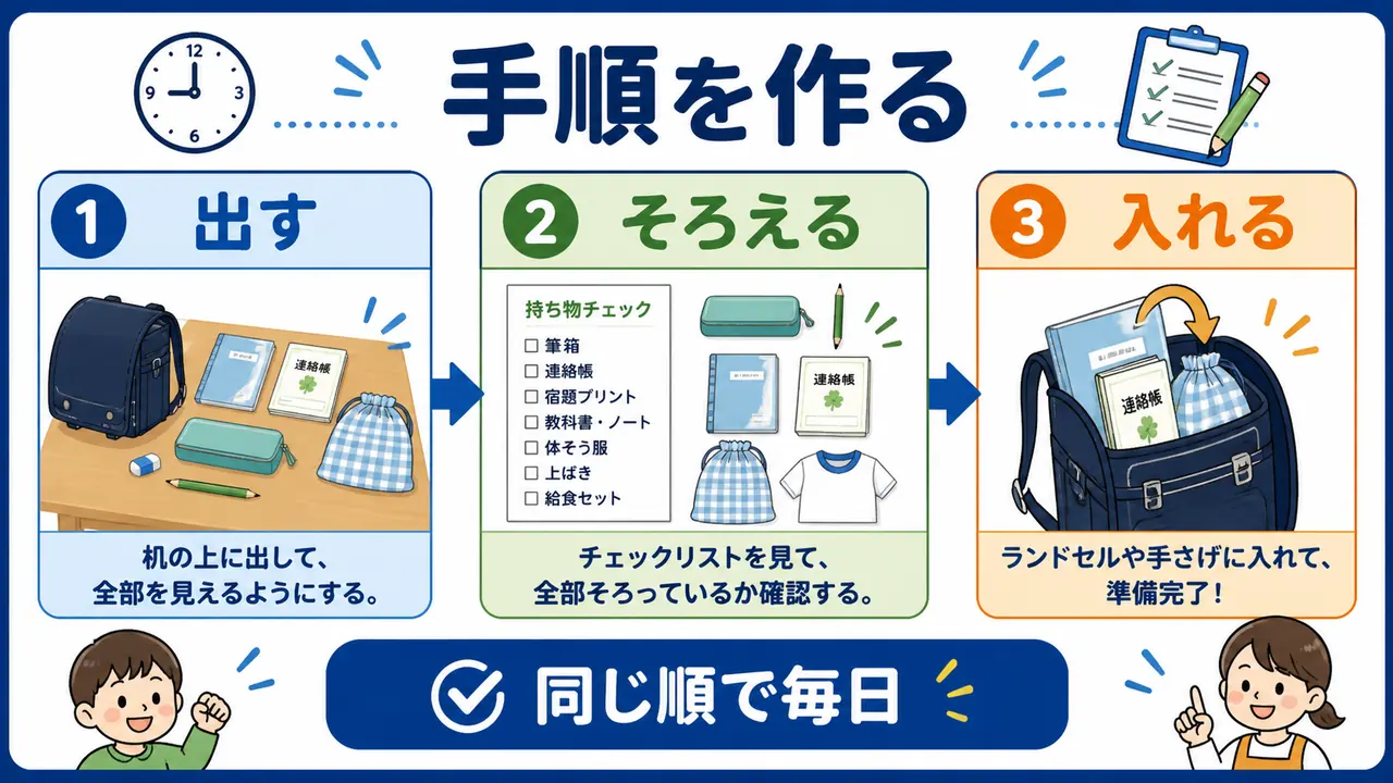 出す、そろえる、入れるの順で持ち物準備をする手順図