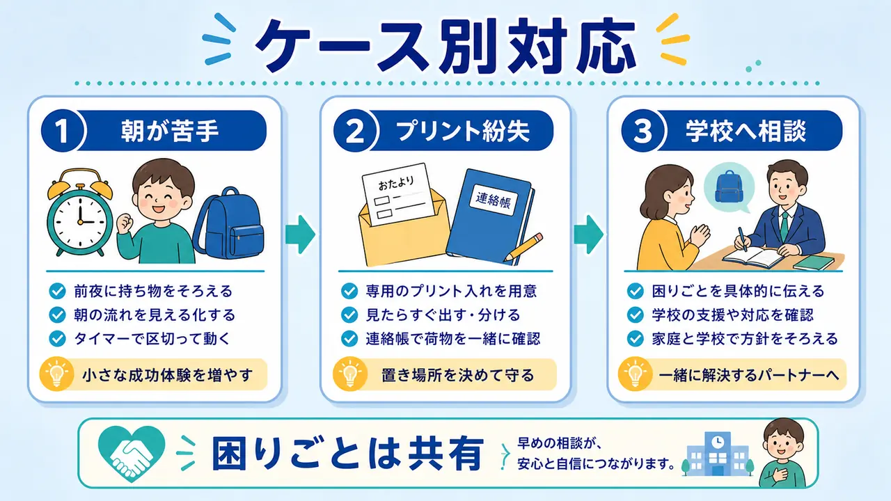 朝が苦手、プリント紛失、学校相談のケース別対応を示した図
