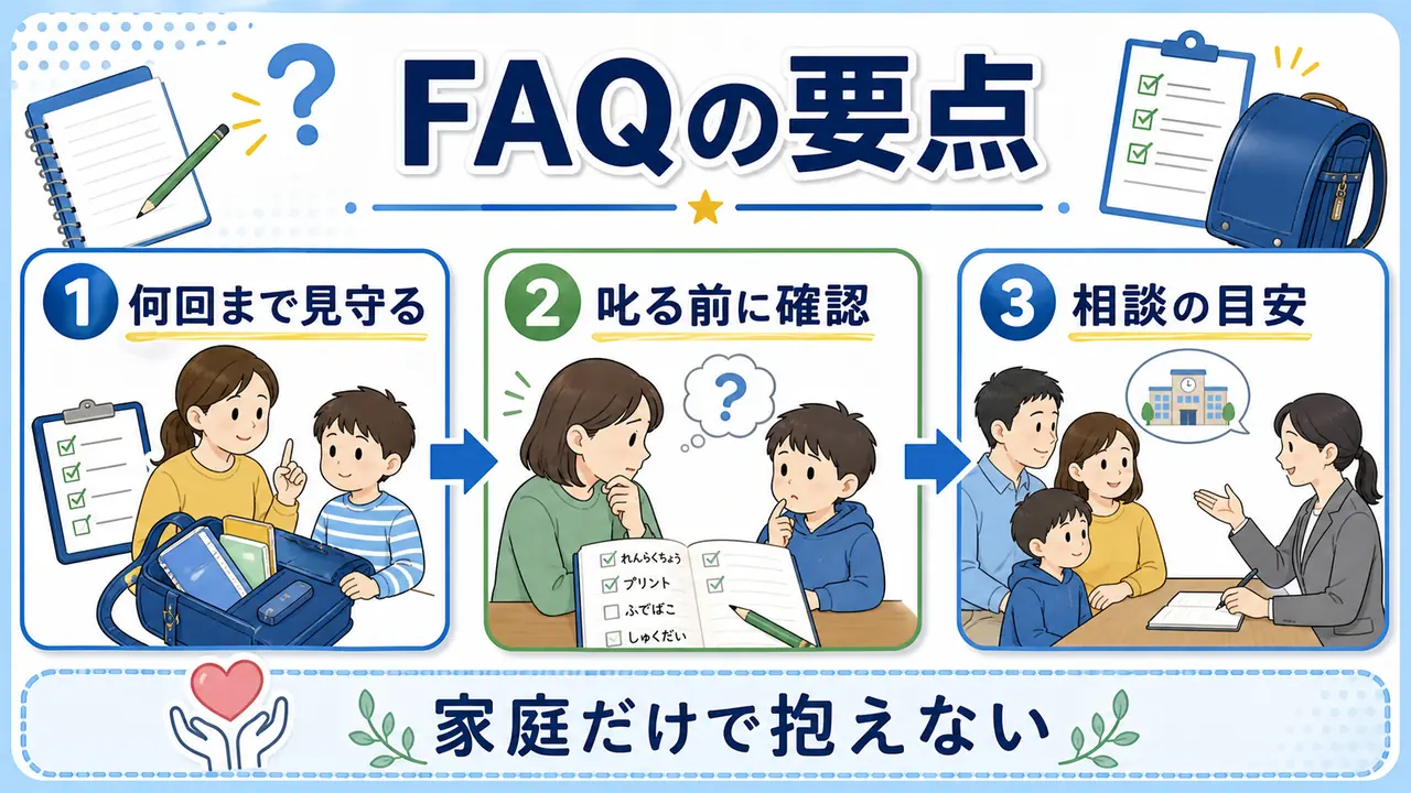 忘れ物への声かけ、見守り、叱る前の確認、学校相談の目安をまとめた図