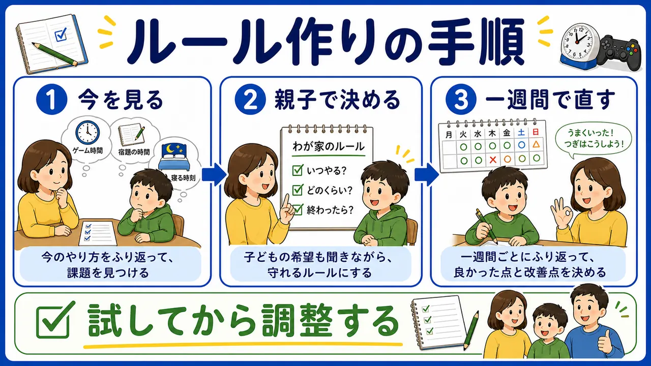 ゲームの家庭ルールを、今を見る、親子で決める、一週間で直す流れで示した図