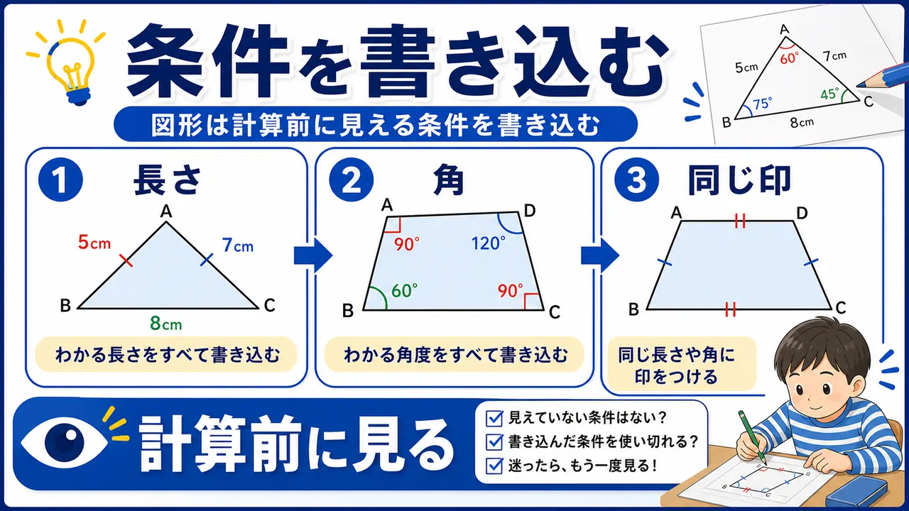 図形に長さや角の条件を書き込む流れを示す図