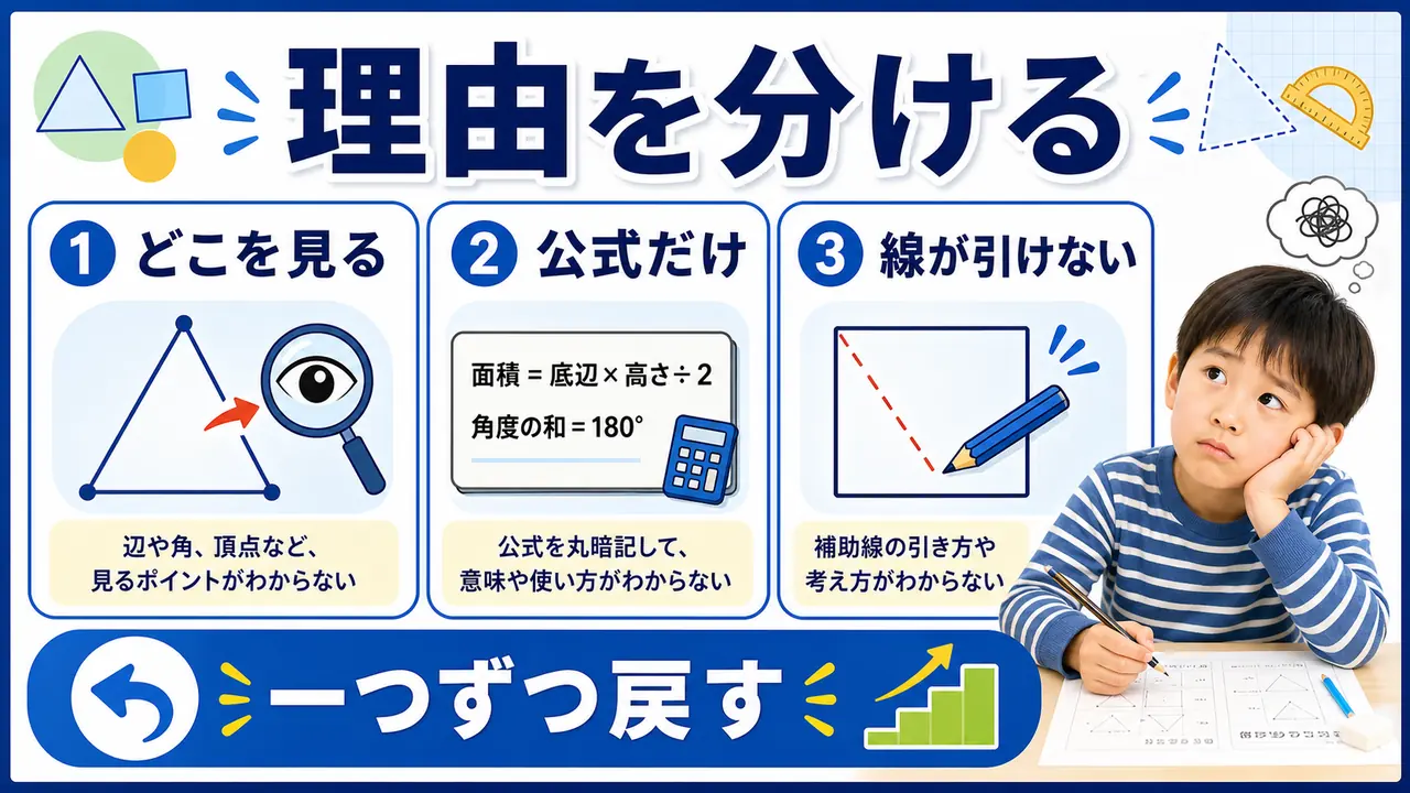 辺、角、公式、補助線のつまずきを分ける図