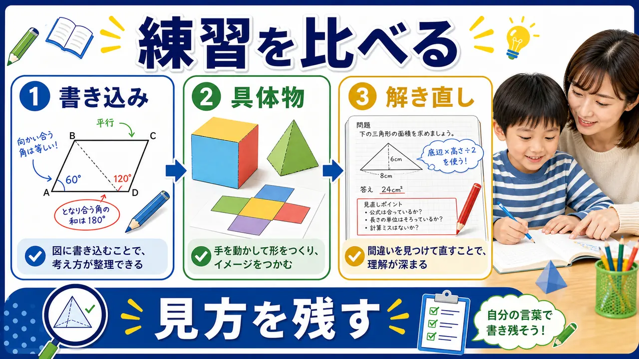 書き込み、具体物、同じ形探し、解き直しを比べる図