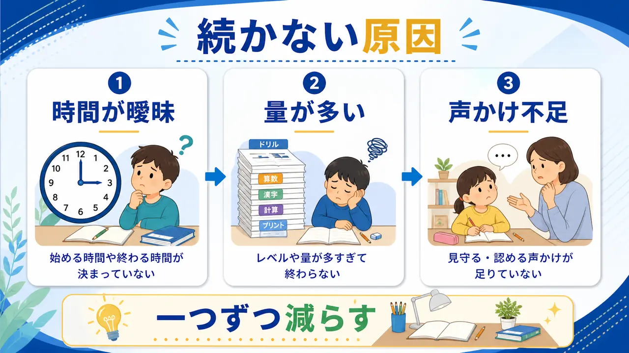 家庭学習が続かない原因として、時間が曖昧・量が多い・声かけ不足を示した図