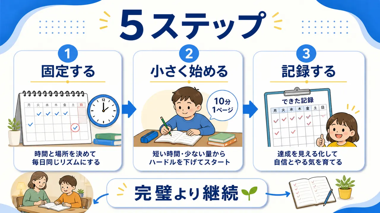 家庭学習を習慣にするために、固定する・小さく始める・記録する流れを示した図