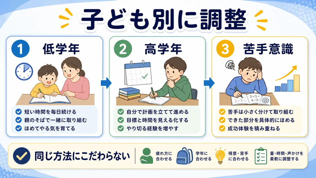 低学年、高学年、苦手意識がある子に合わせて家庭学習を調整する図