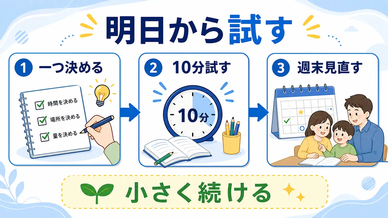 家庭学習を明日から試すために、一つ決める・10分試す・週末見直す流れを示した図