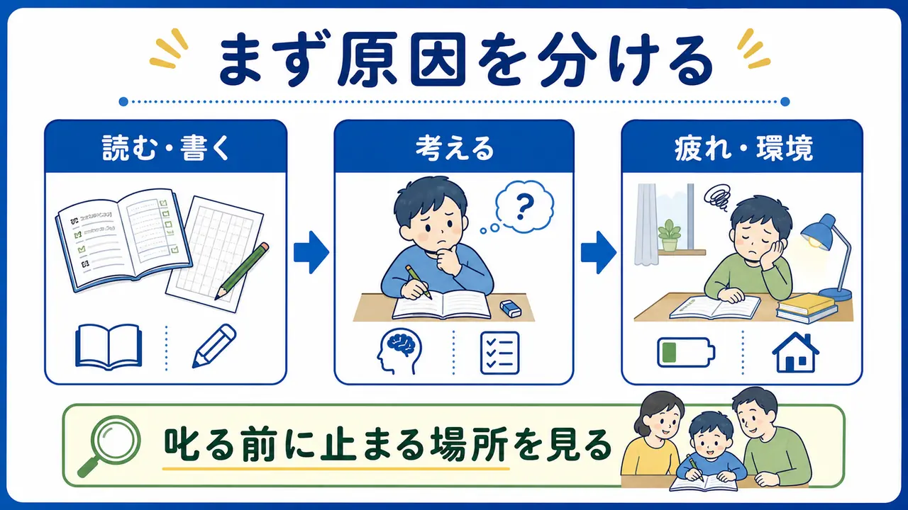 宿題に時間がかかる原因を、読む書く、考える、疲れや環境に分ける図