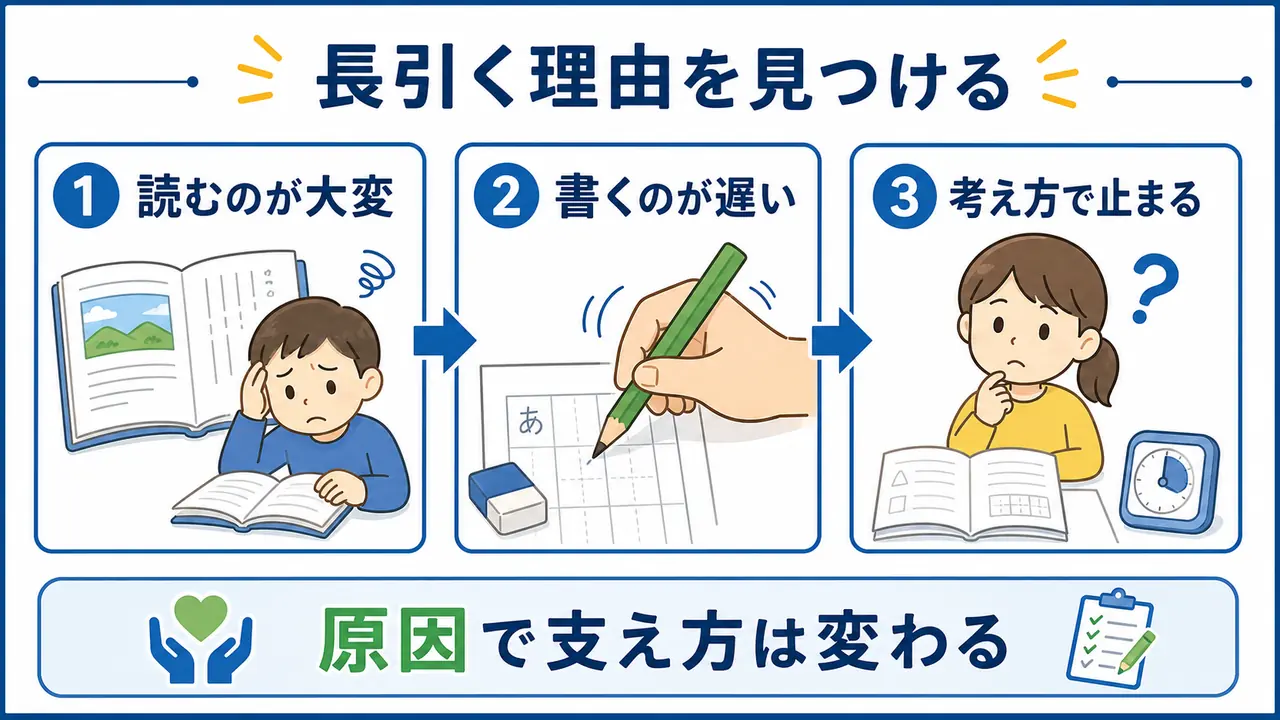 宿題が長引く理由として、読むのが大変、書くのが遅い、考え方で止まることを示した図