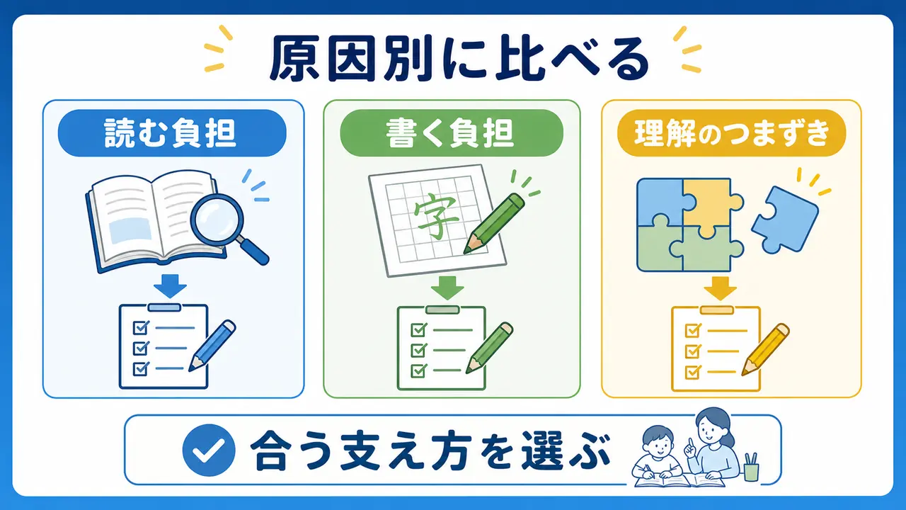 読む負担、書く負担、理解のつまずきに合わせて支え方を選ぶ図