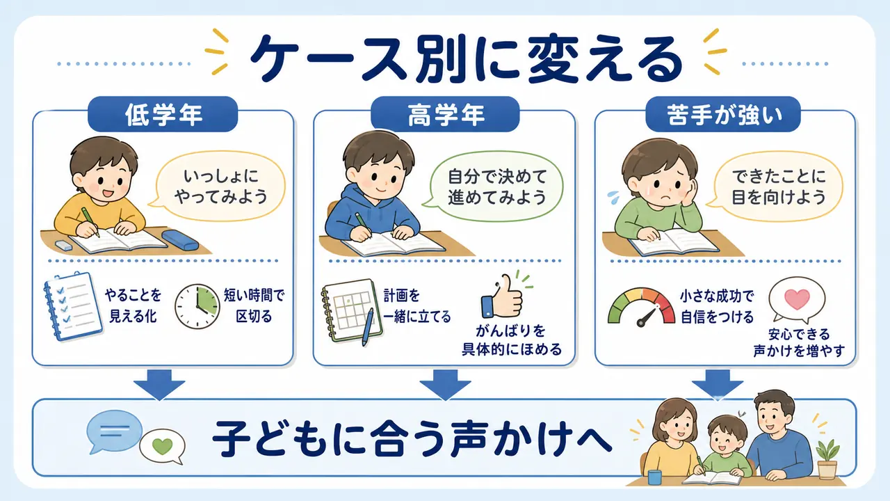 低学年、高学年、苦手が強い子に合わせて宿題の声かけを変える図