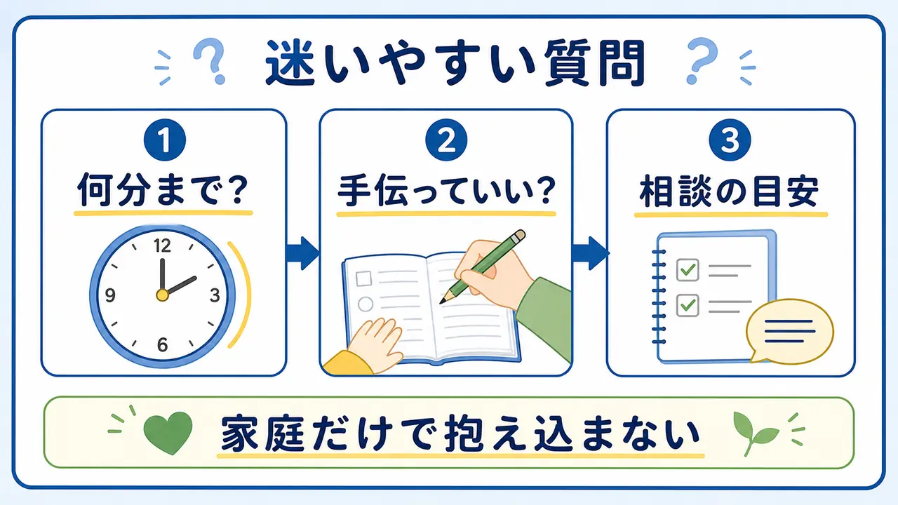 宿題の時間、手伝い方、相談の目安など保護者が迷いやすい質問を整理した図