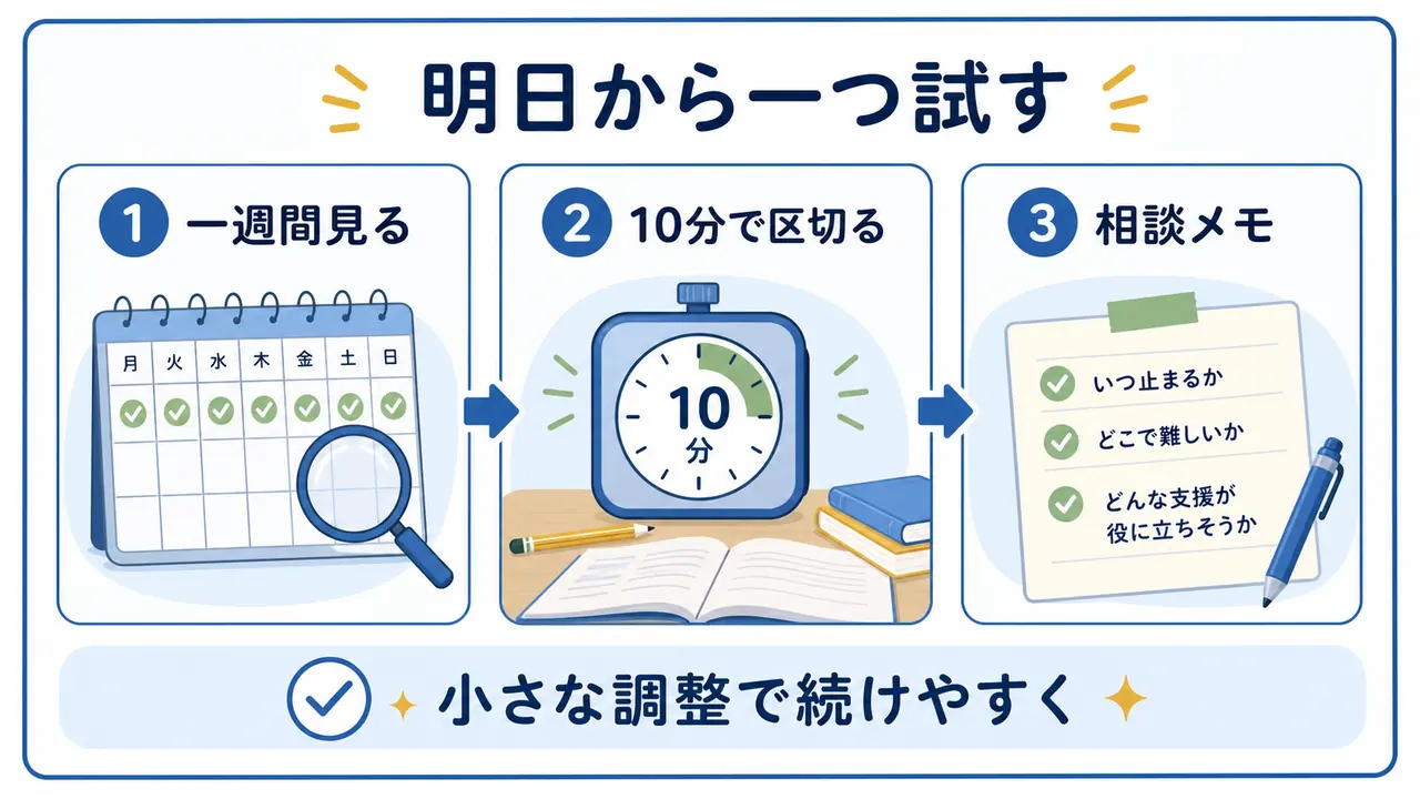 宿題を明日から支えるために、一週間見る、10分で区切る、相談メモを作る流れを示した図