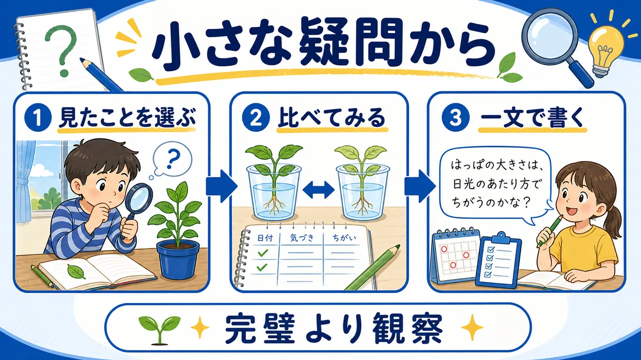 自由研究を見たことを選ぶ、比べてみる、一文で書く順番で始める図