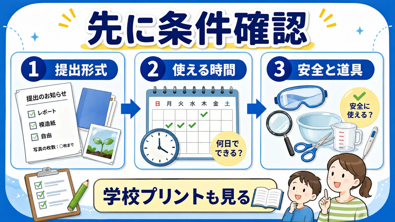 自由研究の前に提出形式、使える時間、安全と道具、学校プリントを確認する図