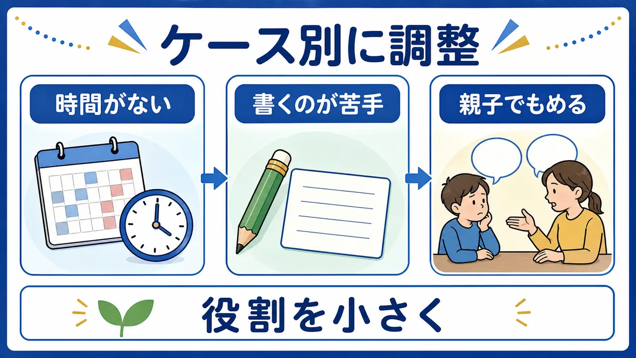 自由研究を時間がない、書くのが苦手、親子でもめる場合に分けて調整する図