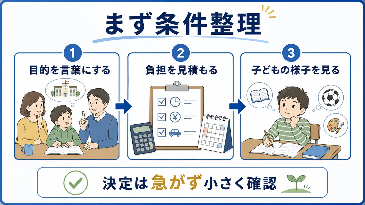 中学受験を考える前に目的、負担、子どもの様子を整理する図