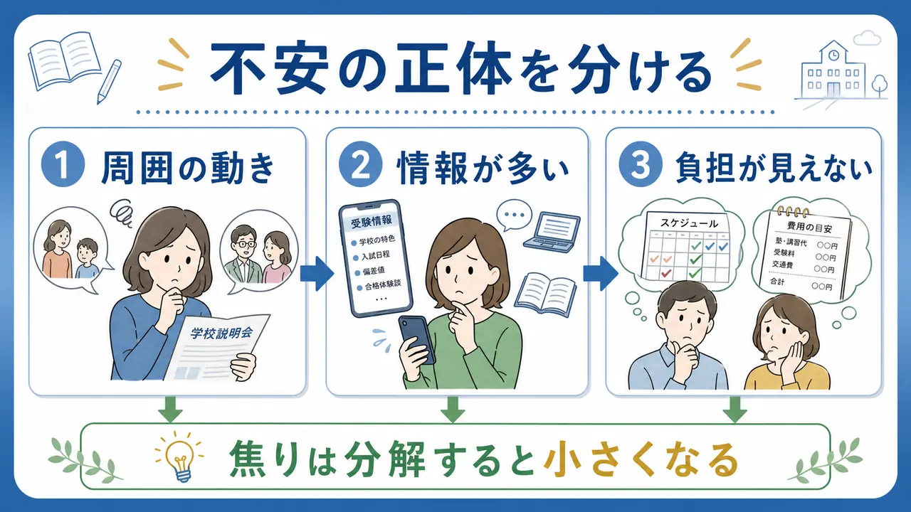 中学受験の不安を周囲の動き、情報の多さ、負担の見えにくさに分けた図