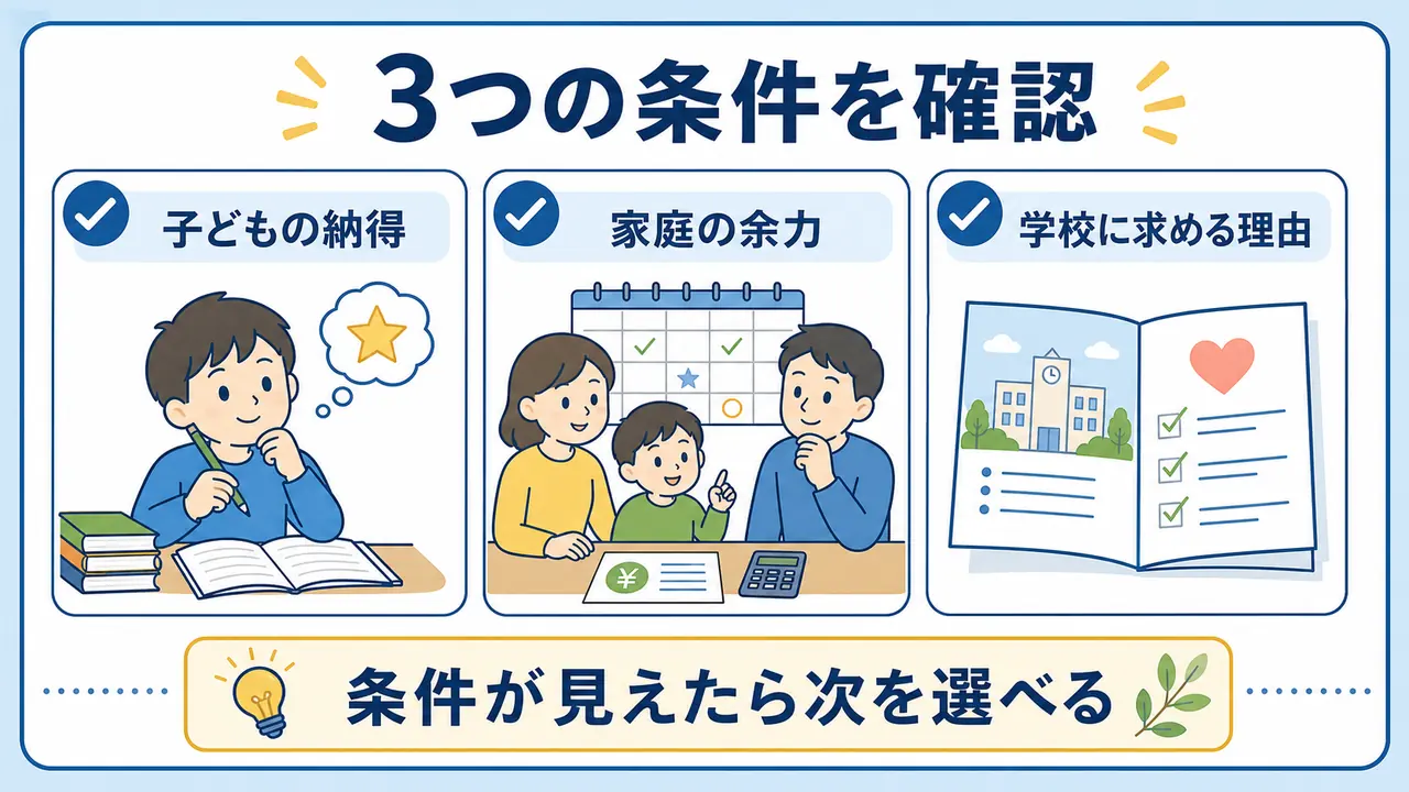 子どもの納得、家庭の余力、学校に求める理由を確認する図