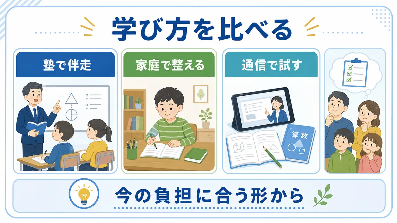 塾、家庭学習、通信教育など中学受験前の学び方を比べる図