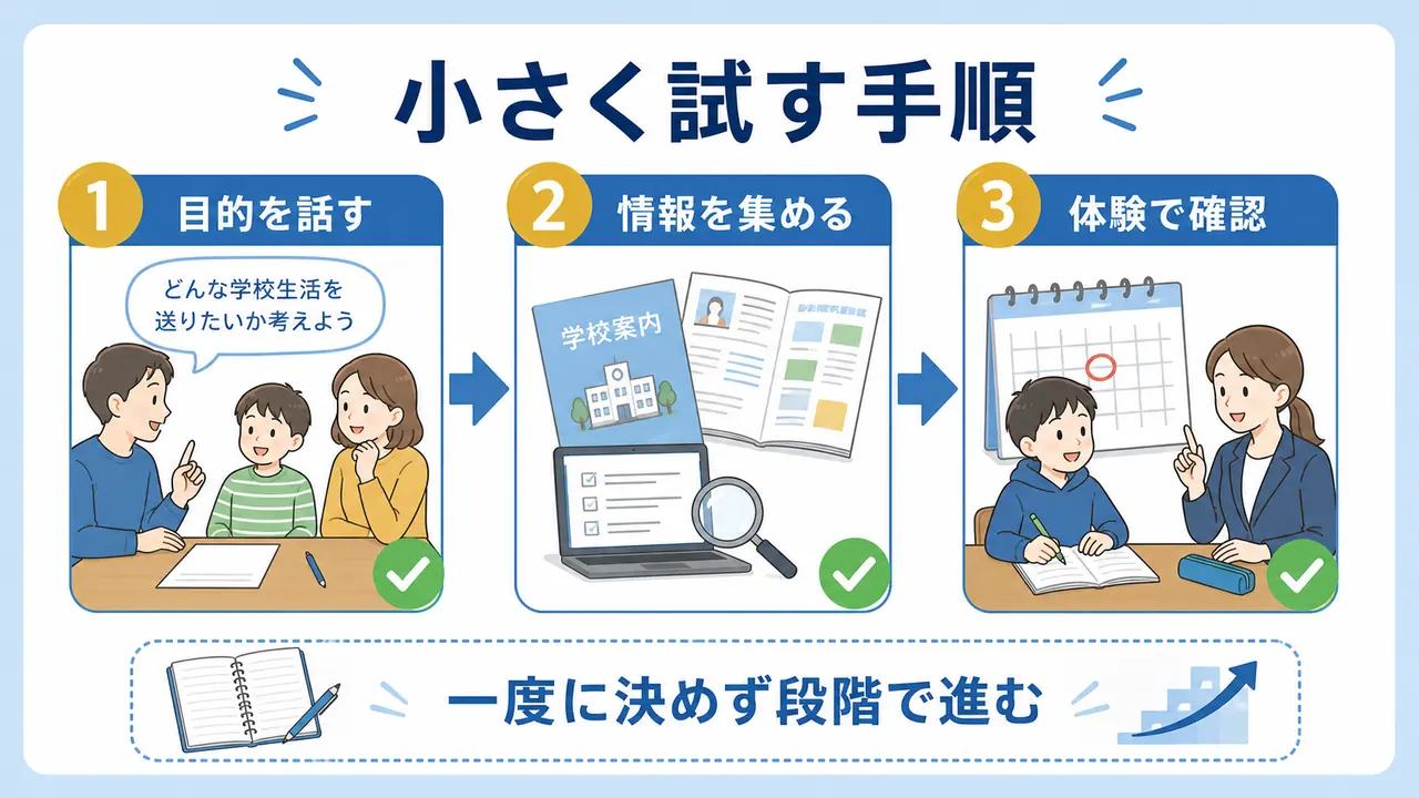 中学受験を小さく試すために目的を話し、情報を集め、体験で確認する手順図