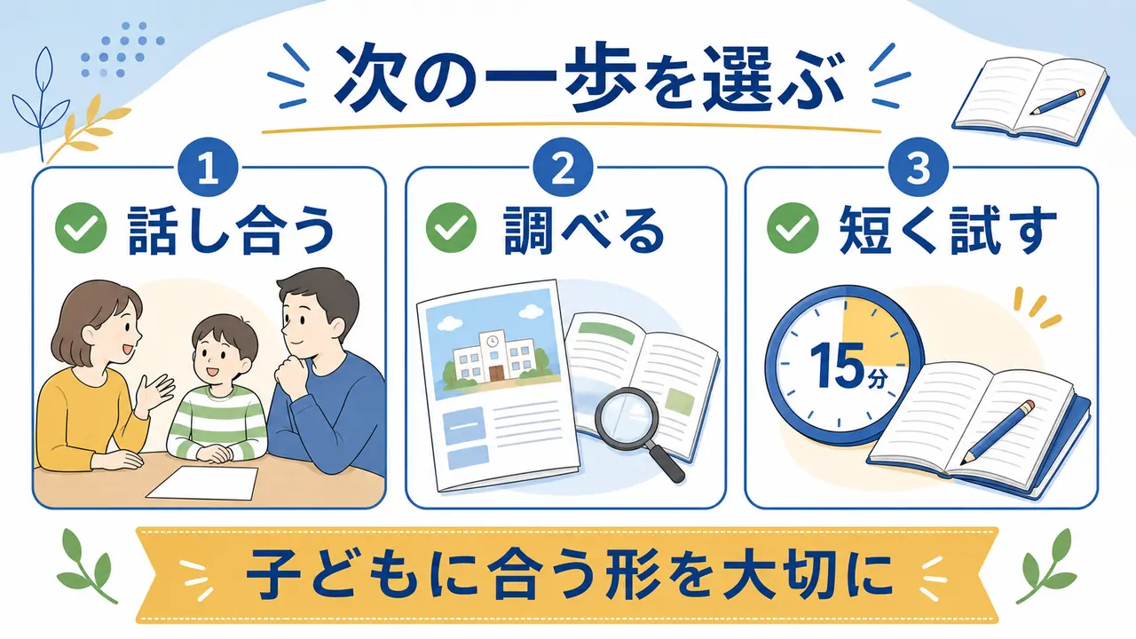 中学受験の次の一歩として話し合う、調べる、短く試す流れを示した図