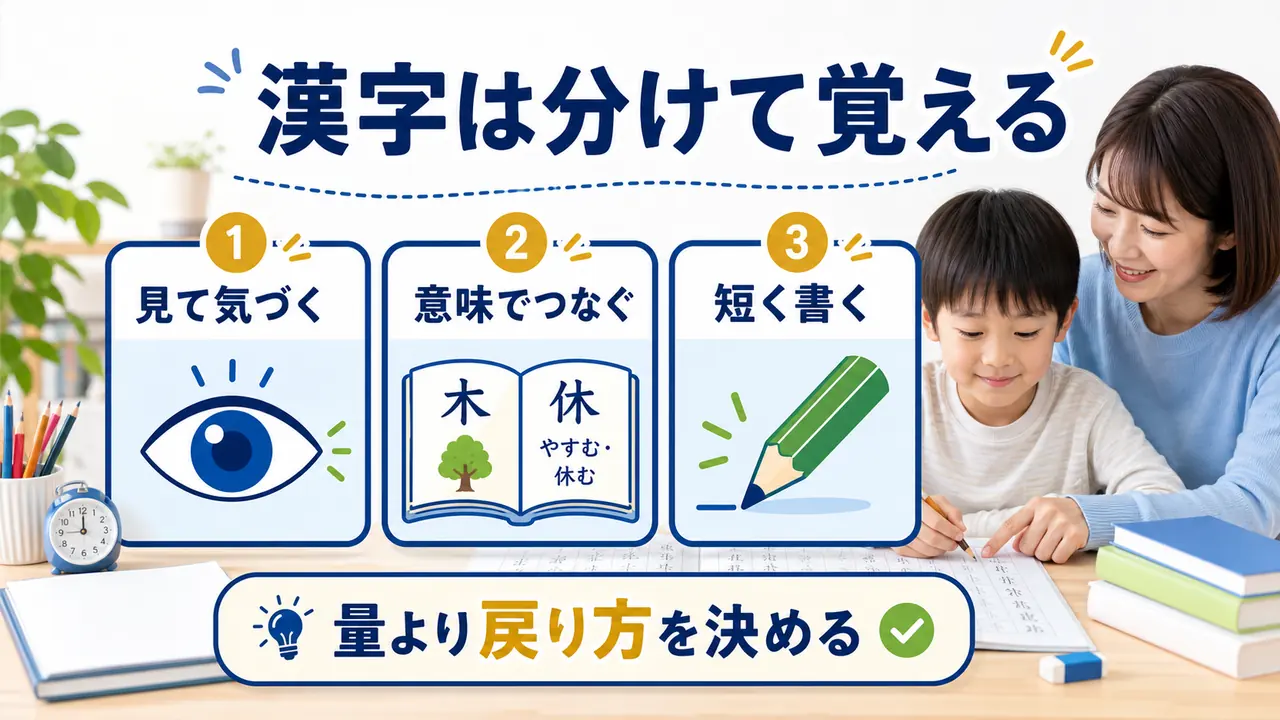 漢字を見て気づく、意味でつなぐ、短く書く流れを示した図