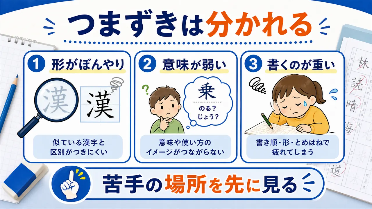 漢字のつまずきを形、意味、書く負担に分けて示した図