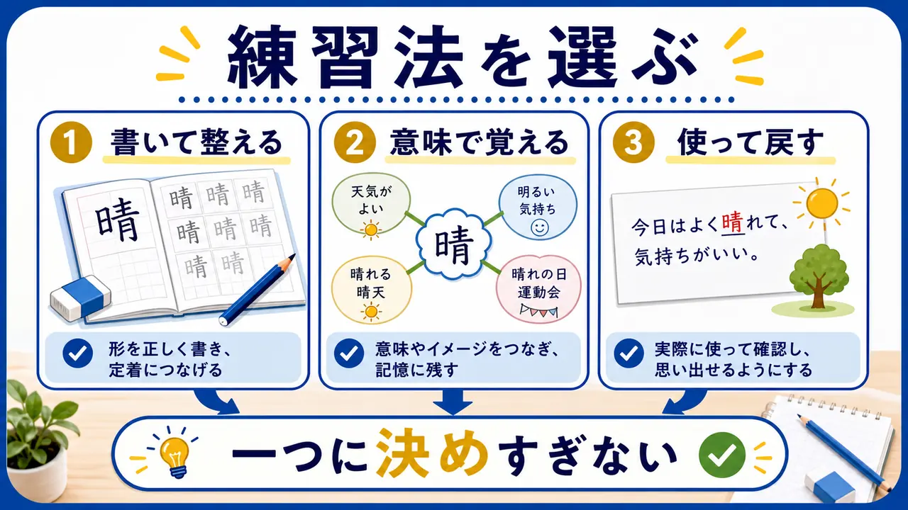漢字練習の方法を、書く、意味で覚える、使って戻すに分けて比較した図