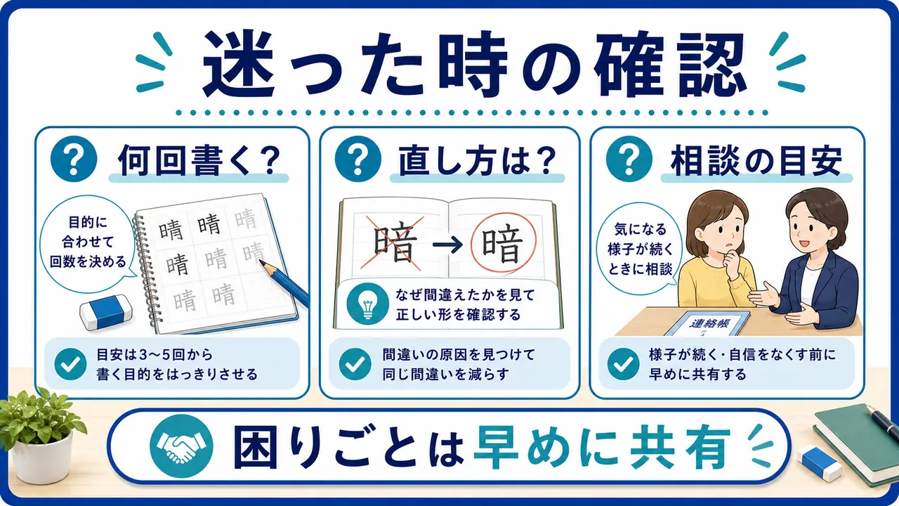 漢字練習の回数、直し方、相談目安を整理した図