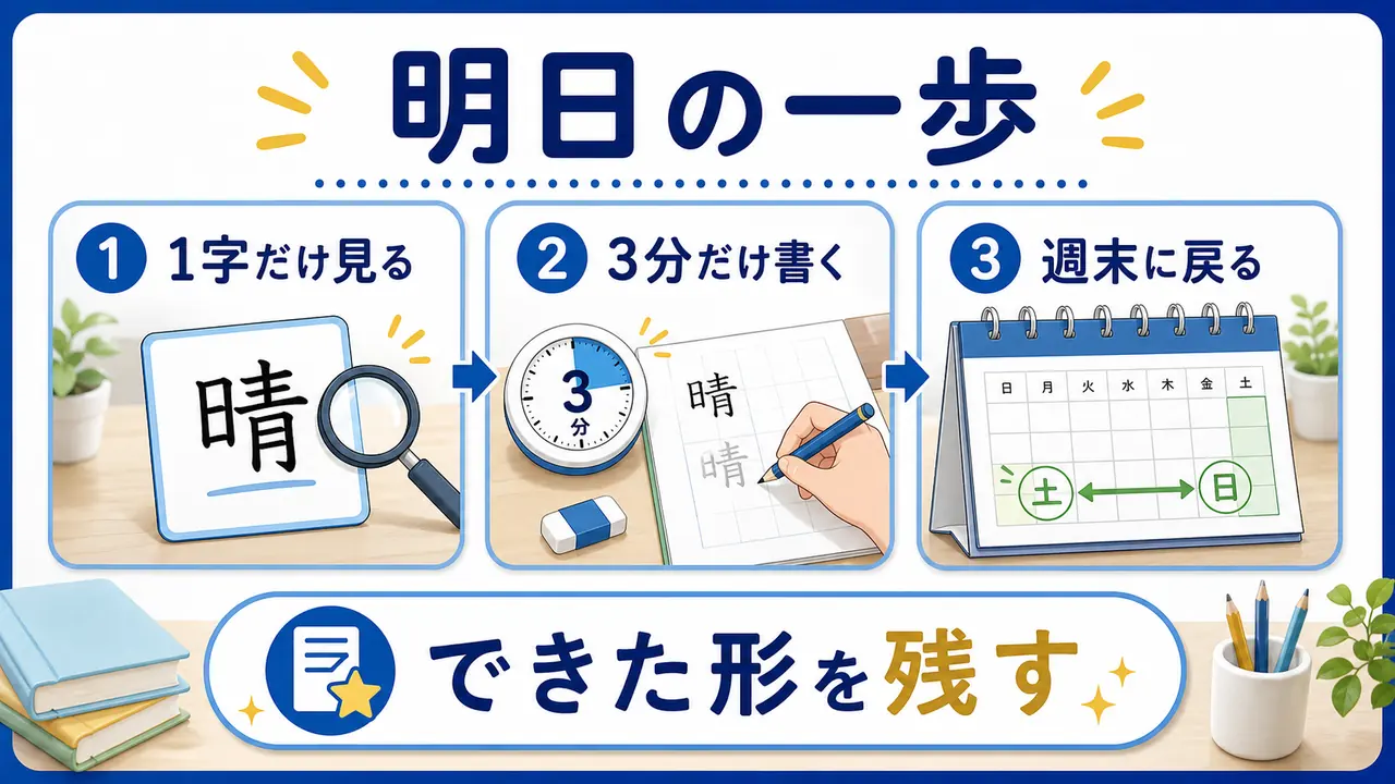 漢字練習を一字だけ見る、三分だけ書く、週末に戻る流れでまとめた図