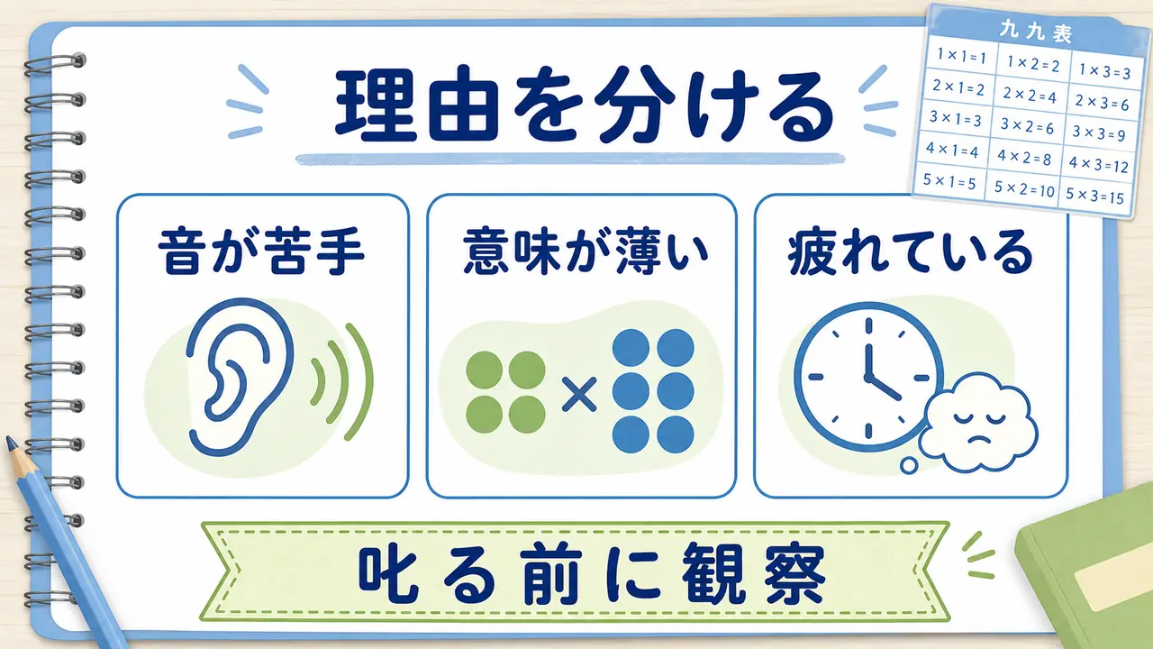 九九を覚えられない理由を音、意味、疲れや不安に分けて観察する図