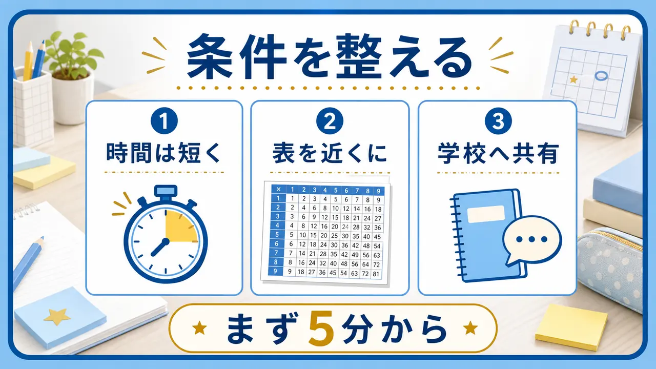 九九練習の時間、九九表、学校への共有を整える準備図