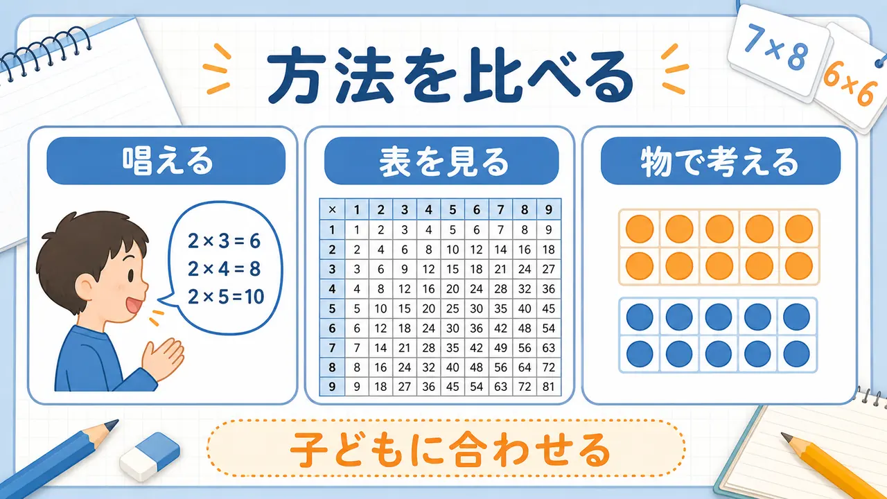 唱える、表を見る、物で考えるなど九九練習方法を比べる図
