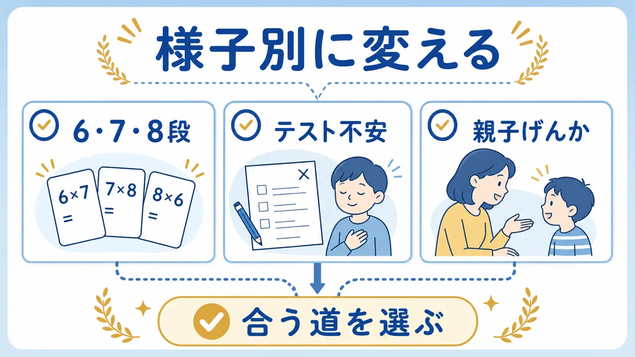 6から8の段、テスト不安、親子げんかなど様子別の対応を示す図