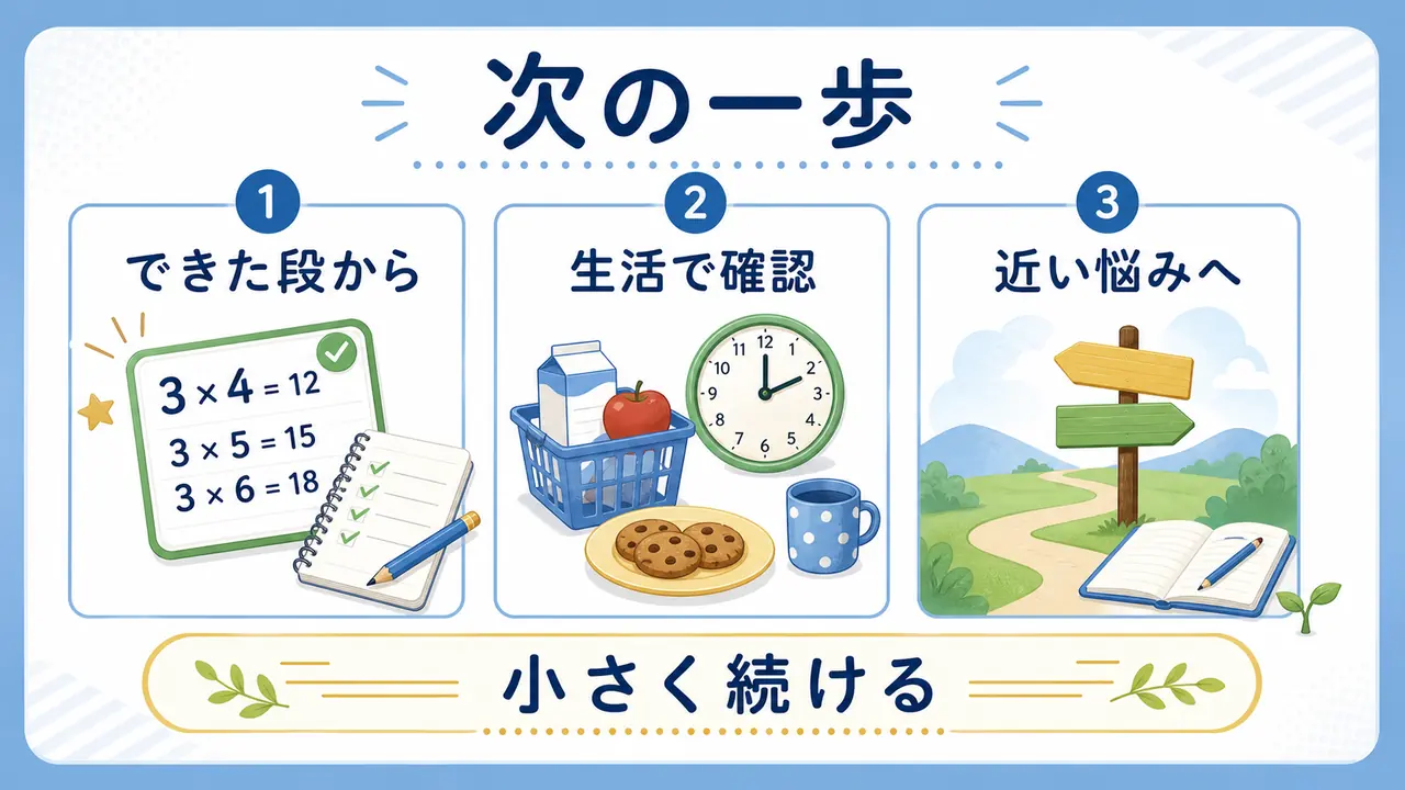 九九の練習を小さく続け、近い悩みに進む次の一歩を示す図
