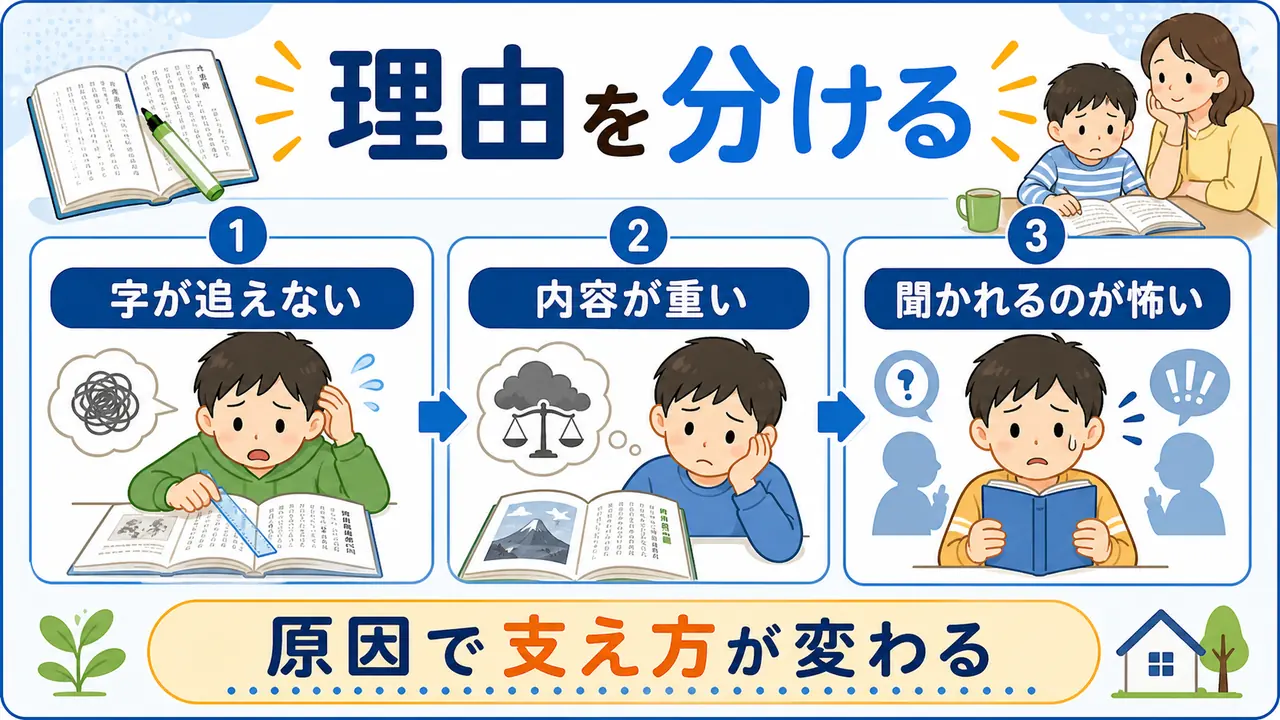 音読を嫌がる理由を、字が追えない、内容が重い、聞かれるのが怖いに分けた図