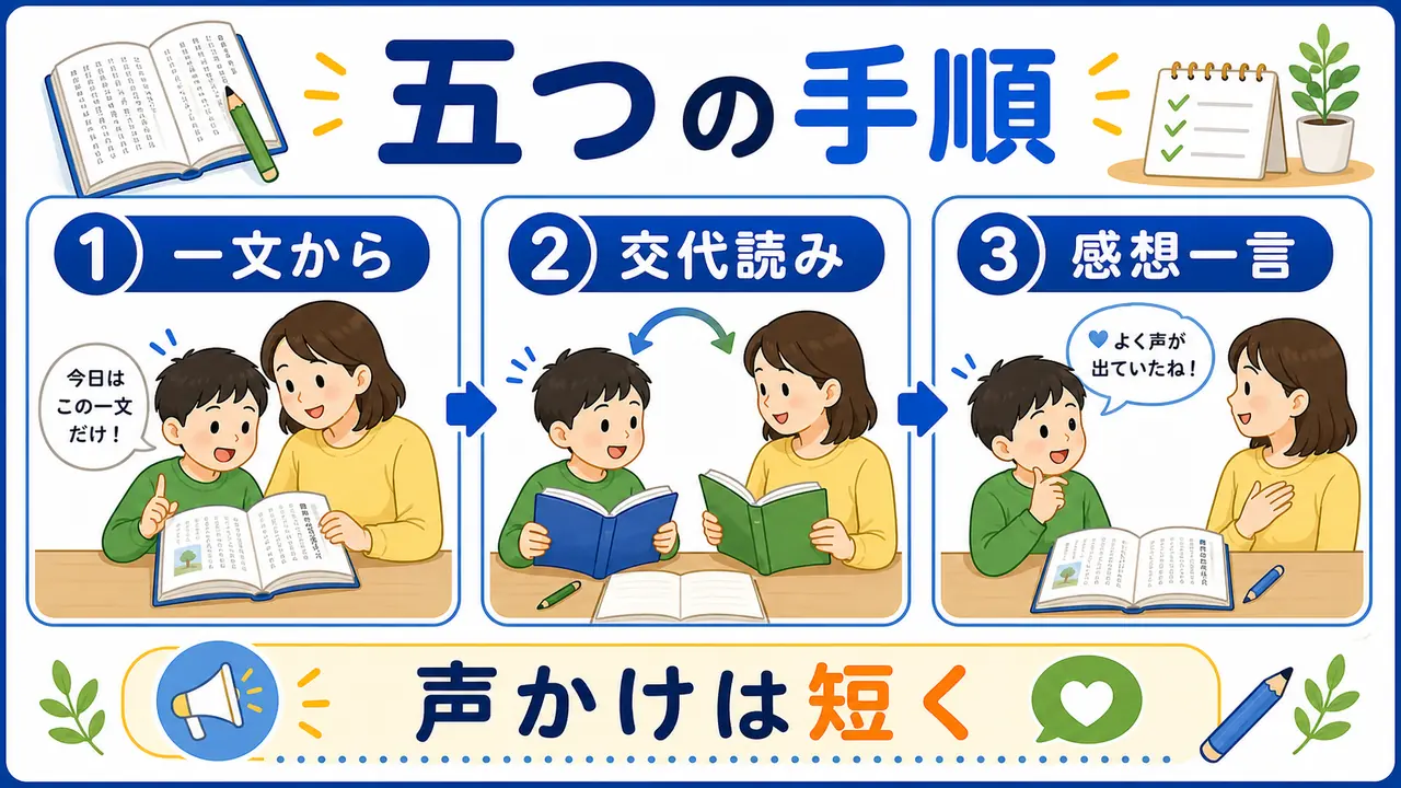 音読を一文から始め、交代読みをして、感想を一言だけ聞く手順の図