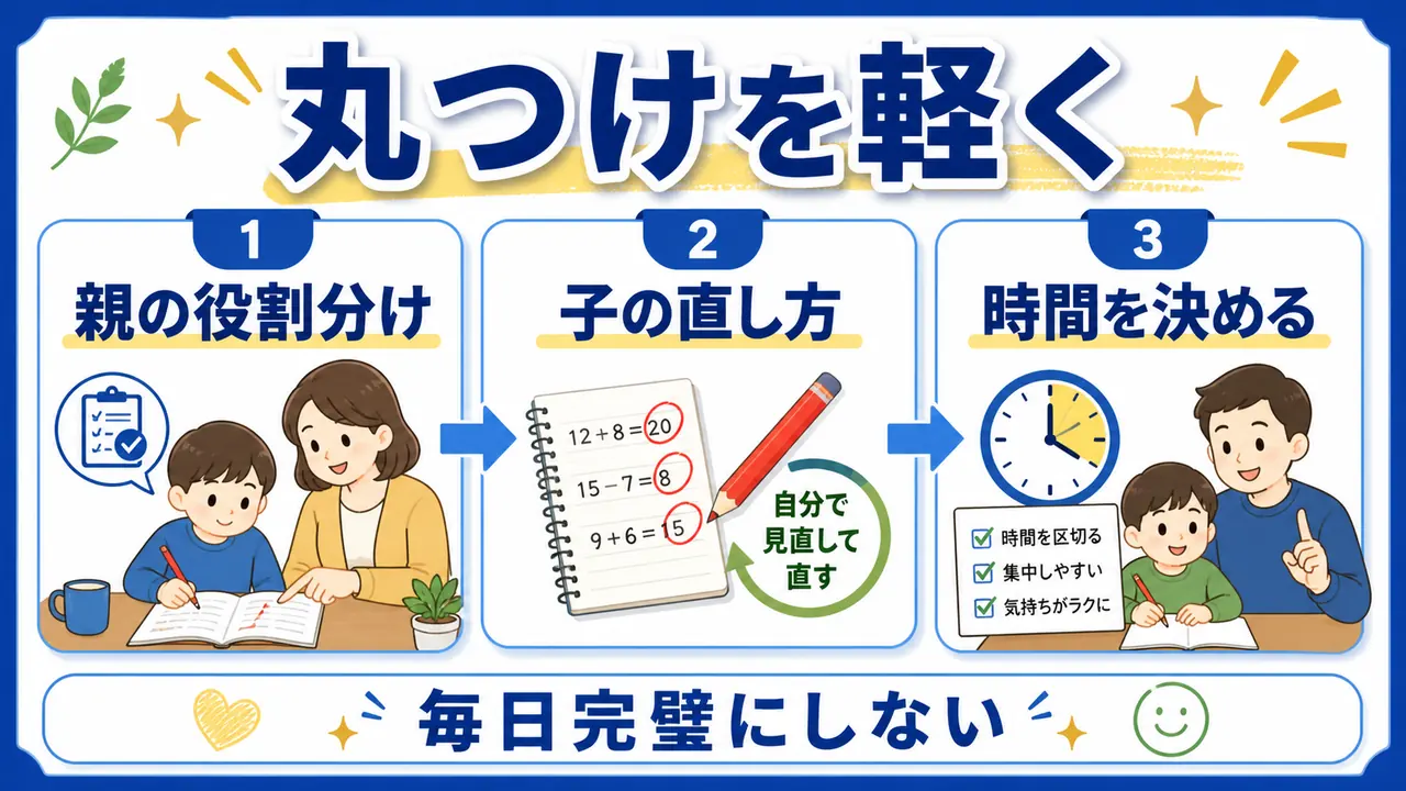 丸つけの負担を親の役割、子どもの直し方、時間設定に分ける図