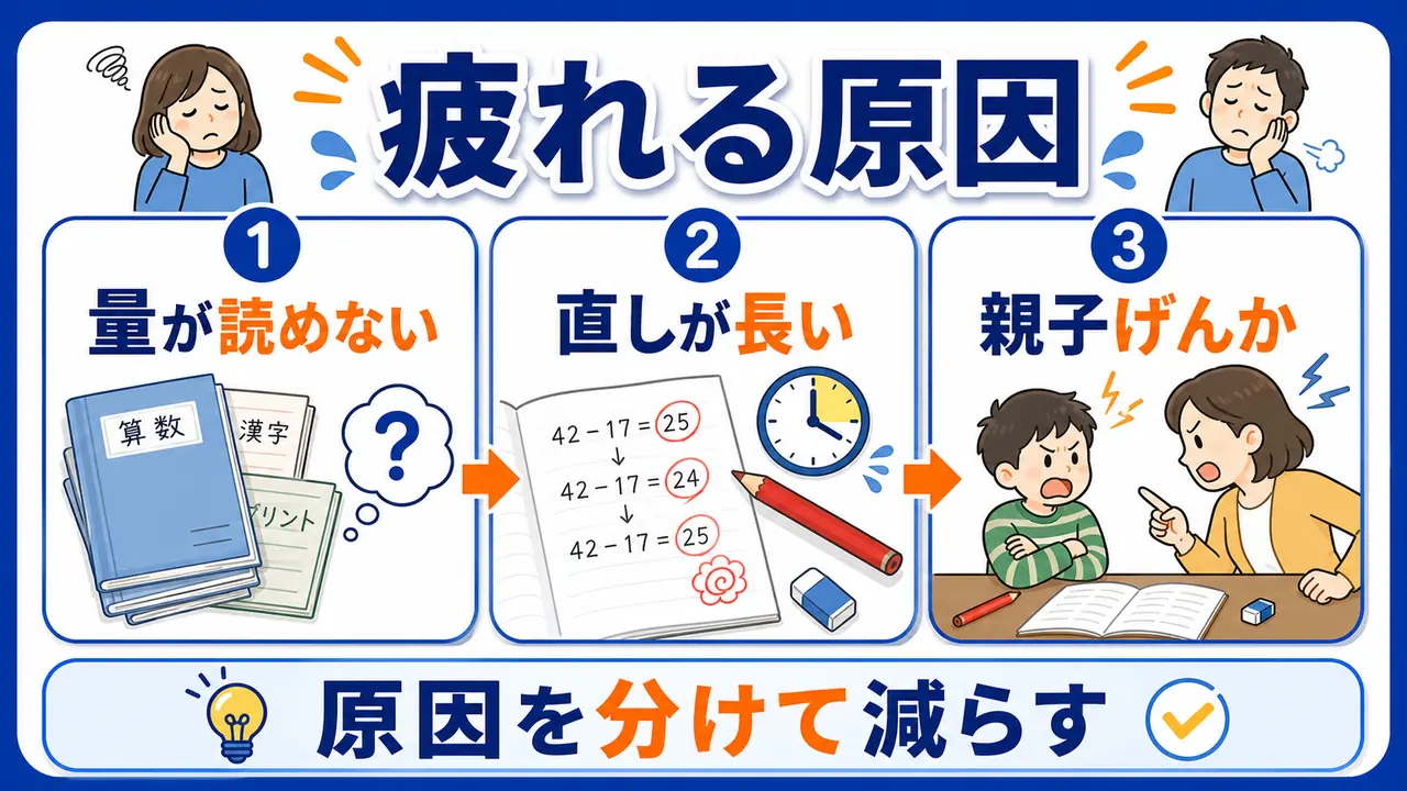 宿題の量、直しの長さ、親子げんかが丸つけ疲れにつながる図