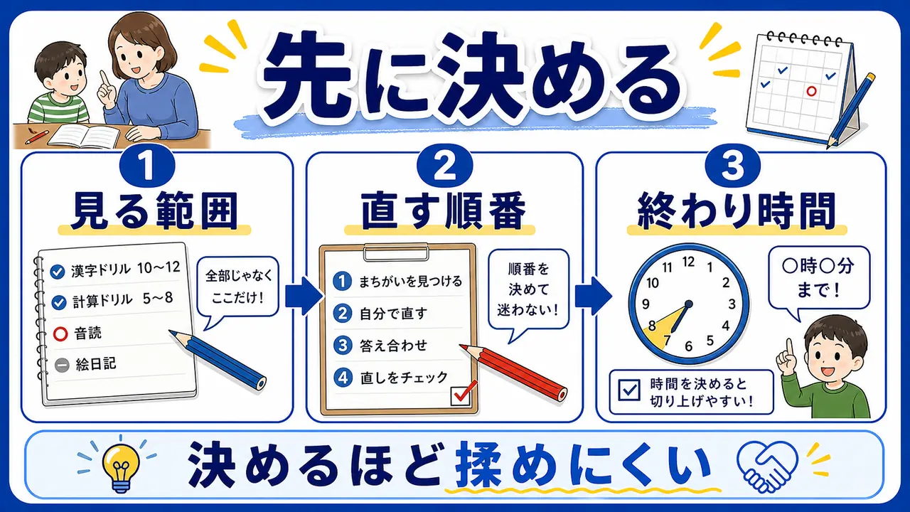 丸つけ前に見る範囲、直す順番、終わり時間を決める図