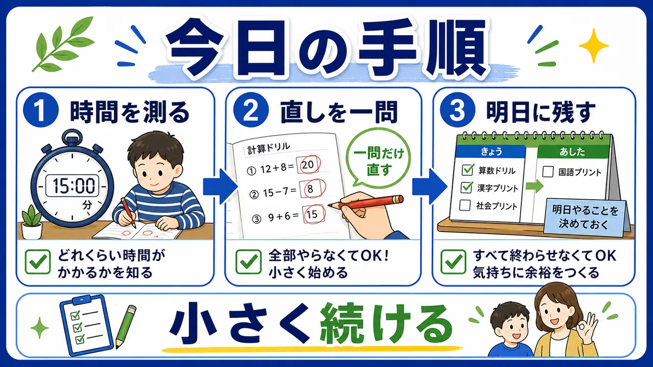 丸つけの時間を測り、直しを一問に絞り、残りを明日に回す手順の図